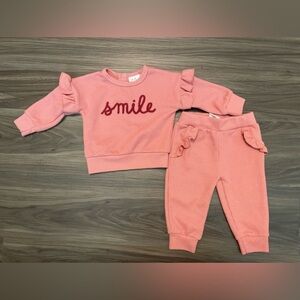 Just Lizzy Baby Girl Pink Matching Set  Ruffle Details embroidered Smile 6/9M